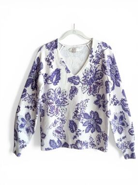 LOFT Floral V-Neck Sweater Purple Off-White Cotton Blend Long Sleeve Women’s Sm